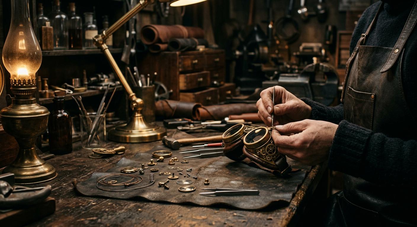 Hands assembling brass goggles at a workbench