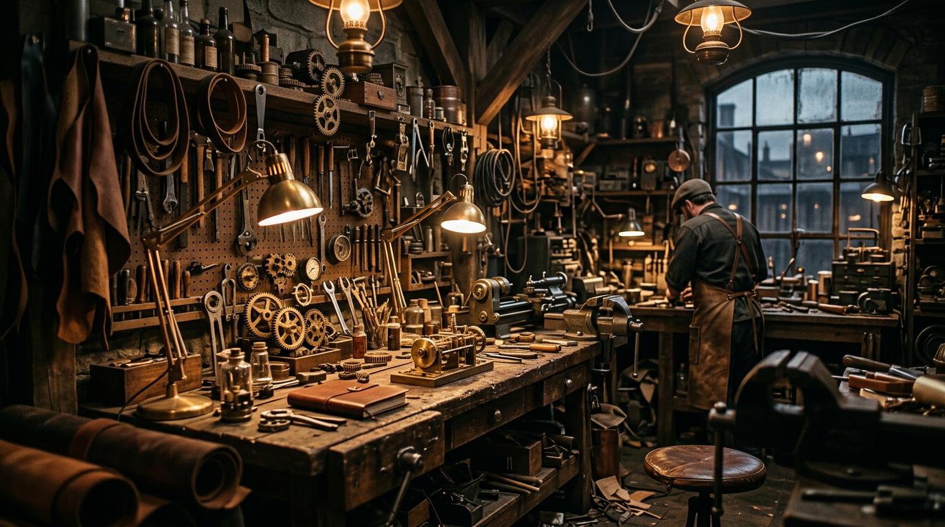 Wide shot of a steampunk maker workshop