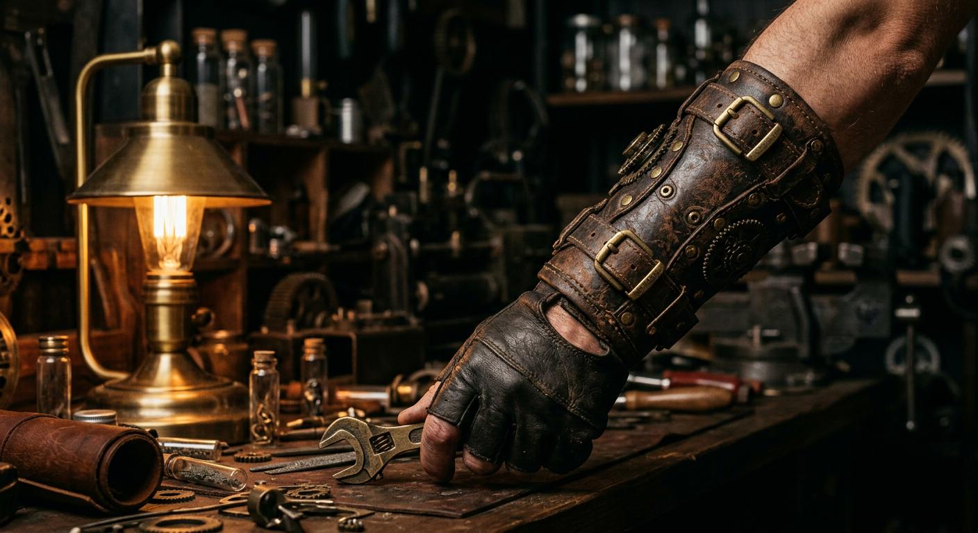 Leather bracer with brass buckles on a wrist