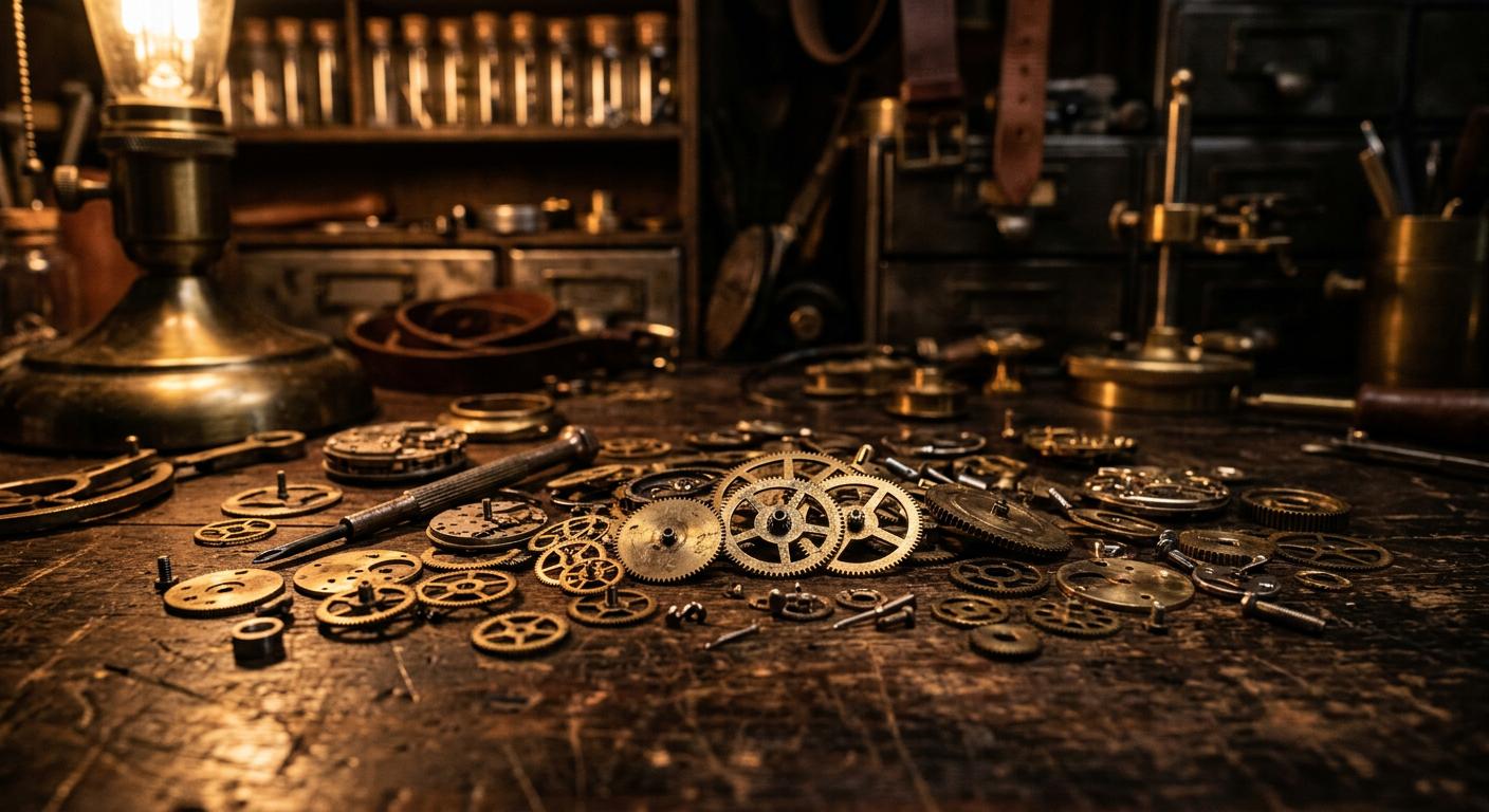 Brass gears and watch parts scattered on dark wood