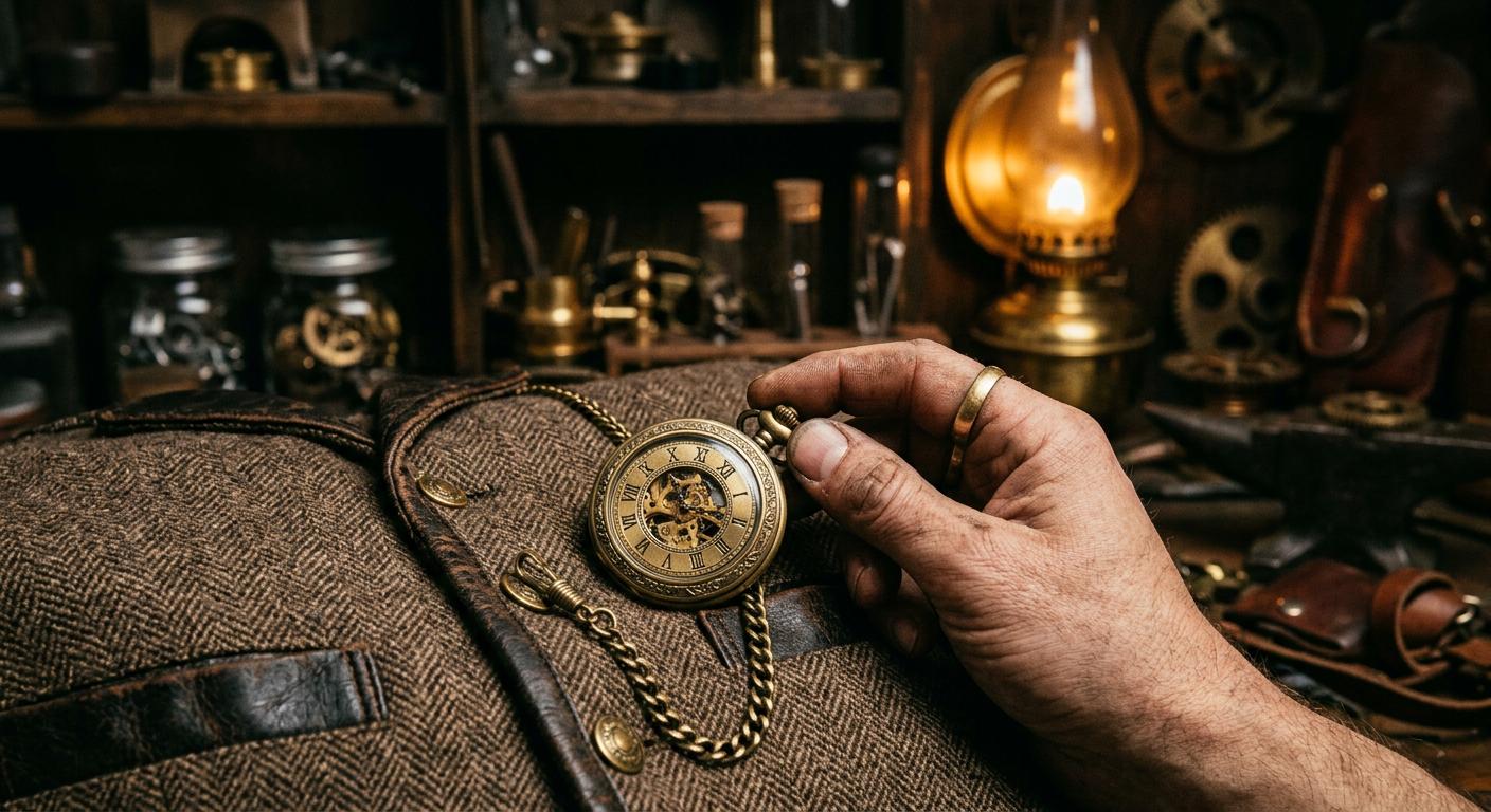 Brass pocket watch on a chain over a waistcoat