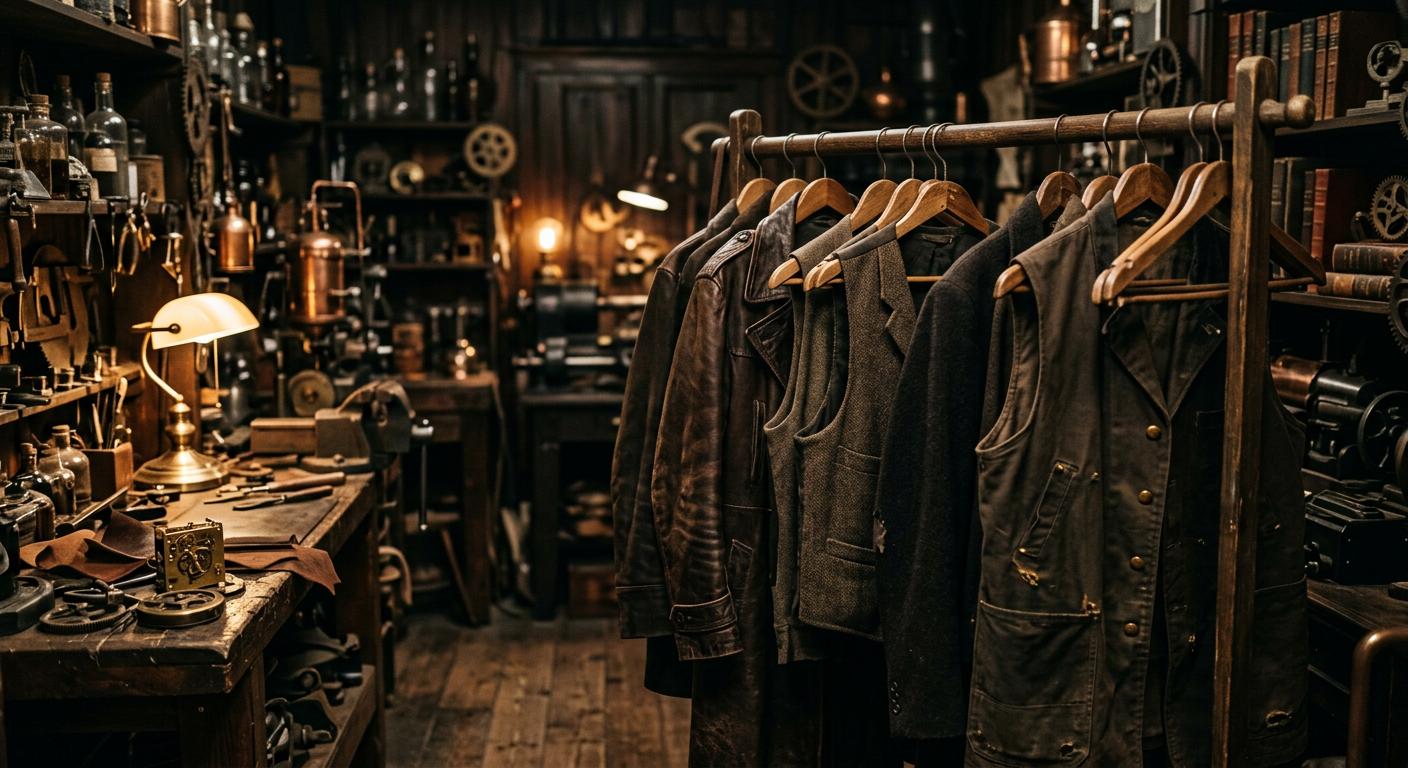 Secondhand coats and vests on a thrift store rack