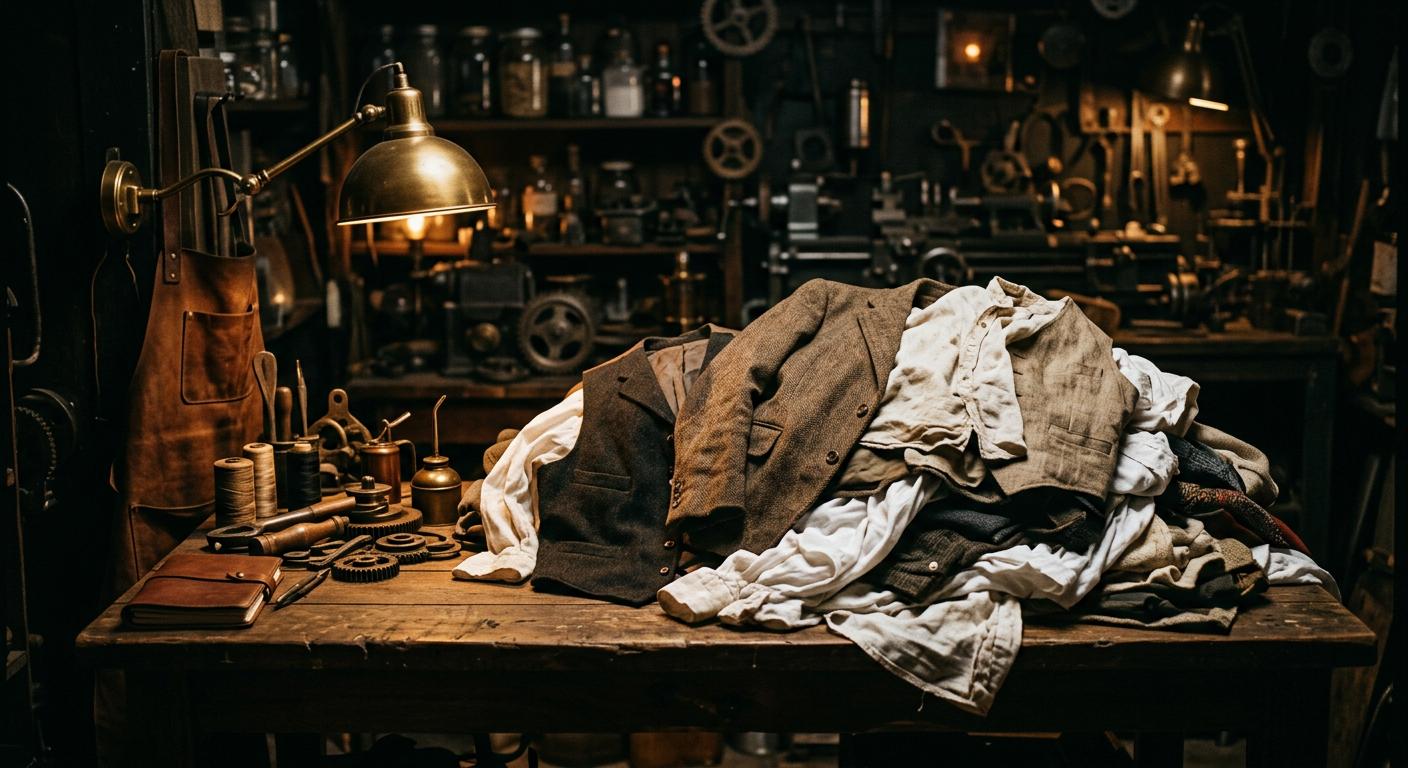 Pile of secondhand steampunk-friendly clothes on a table