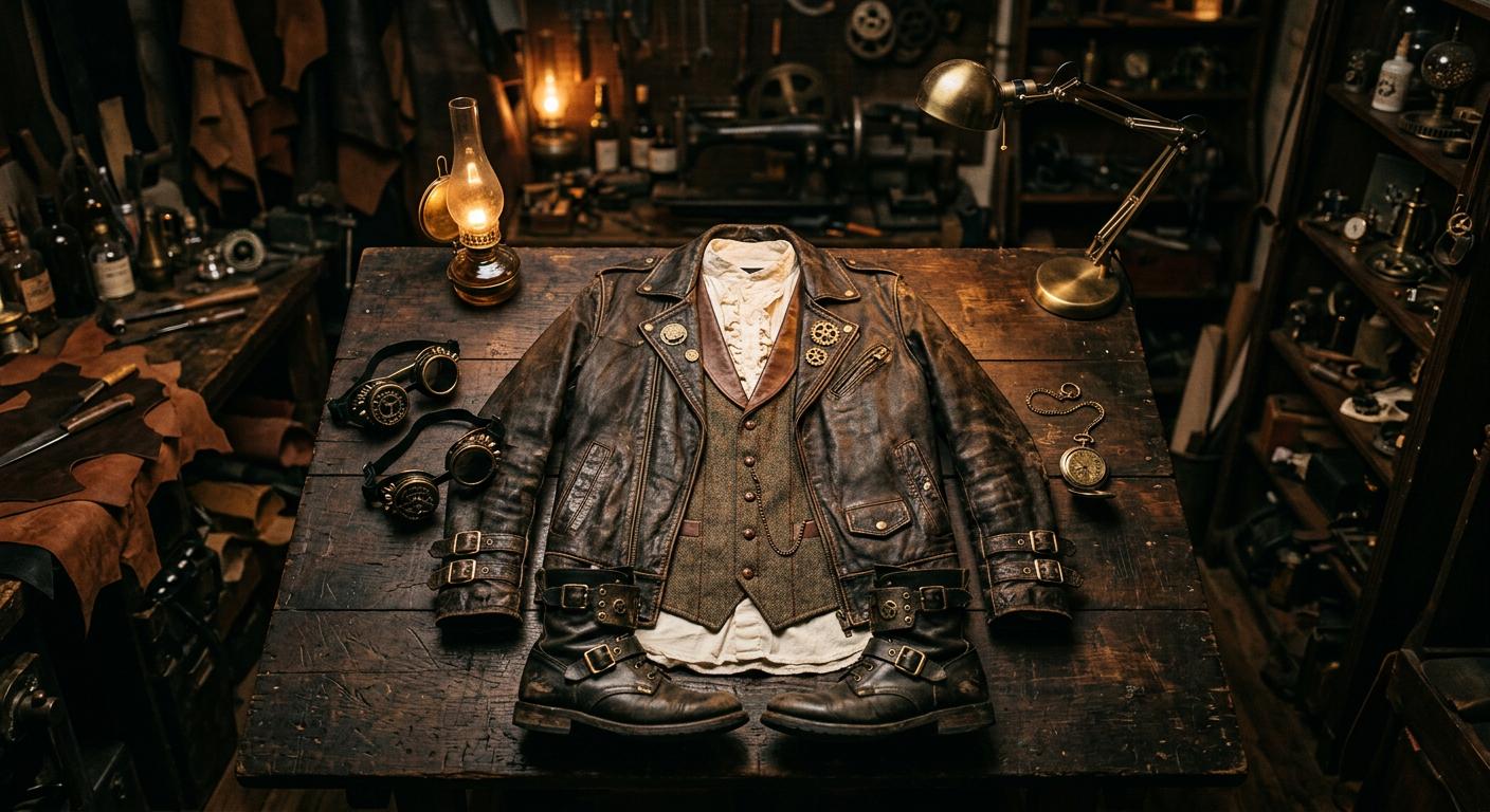 Complete budget steampunk outfit laid out flat