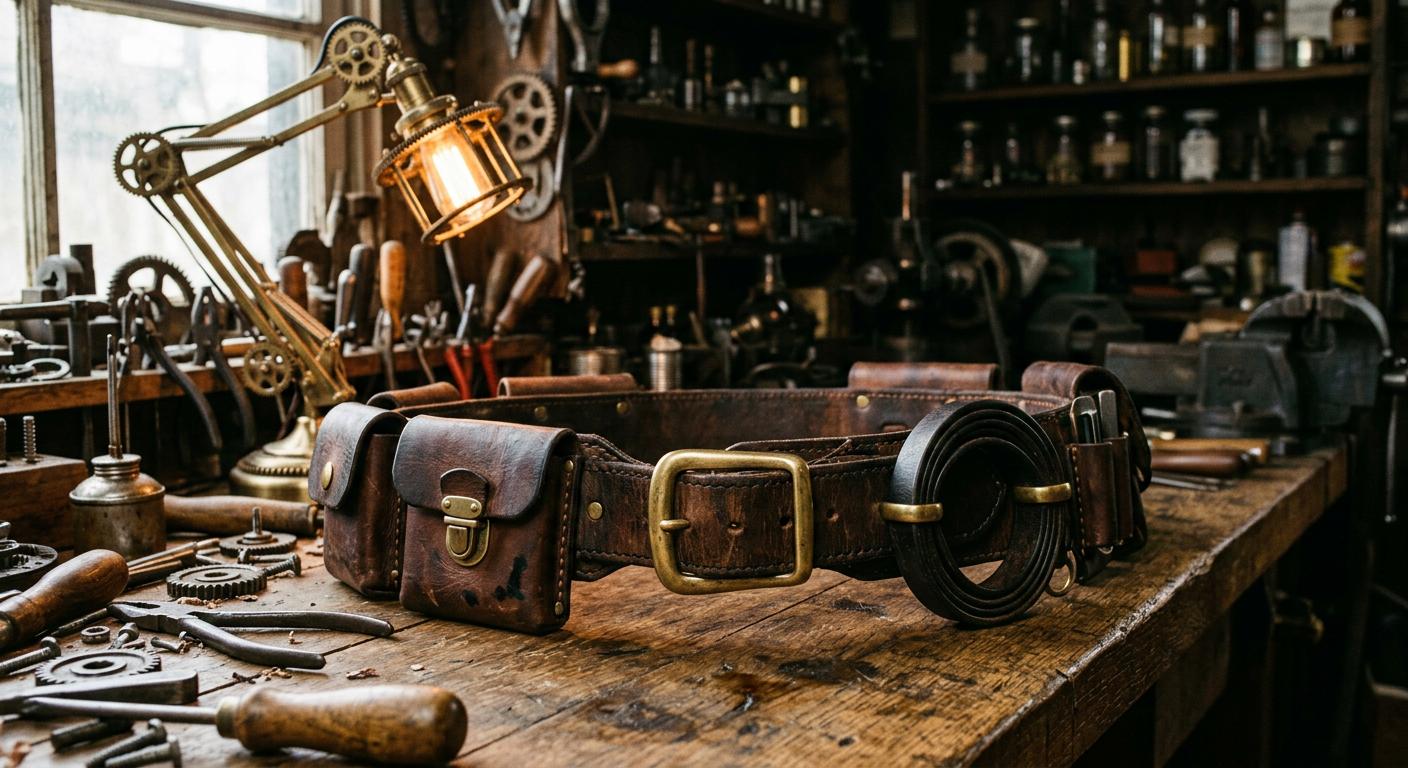 Leather utility belt with brass buckles and pouches