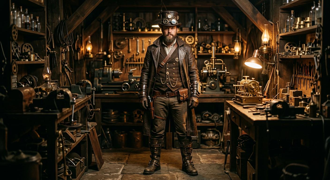 Full steampunk costume standing in dramatic workshop light