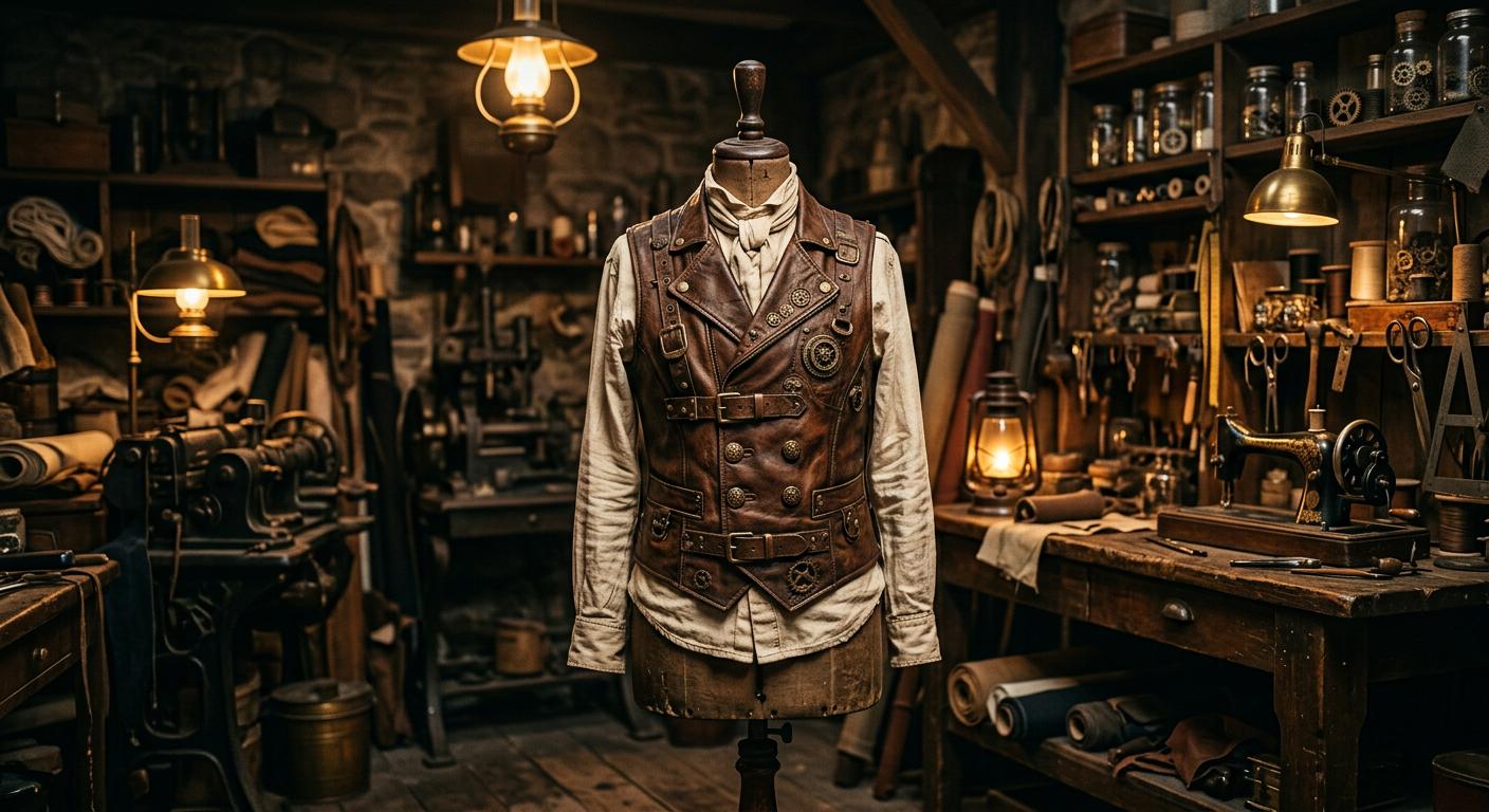 Complete steampunk costume worn in a workshop