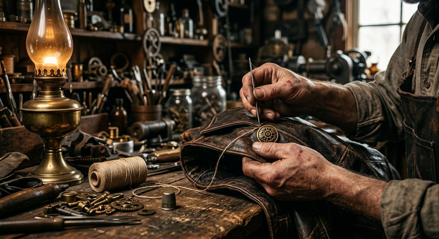 Hands sewing a brass button onto a leather jacket