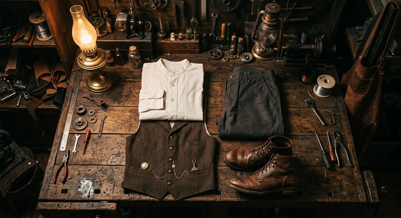 Flat lay of steampunk costume base layers on a workbench