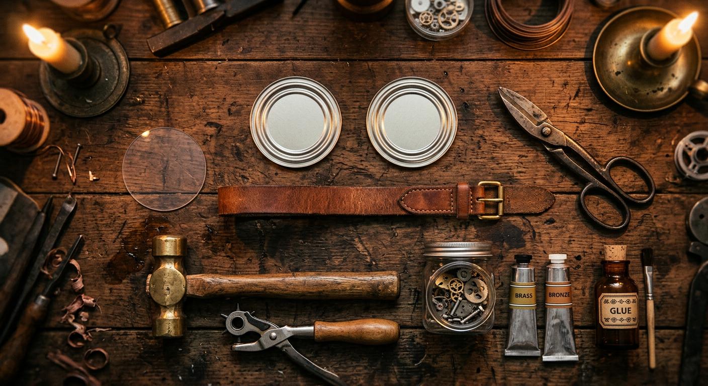 Flat lay of DIY steampunk goggles materials on a workbench