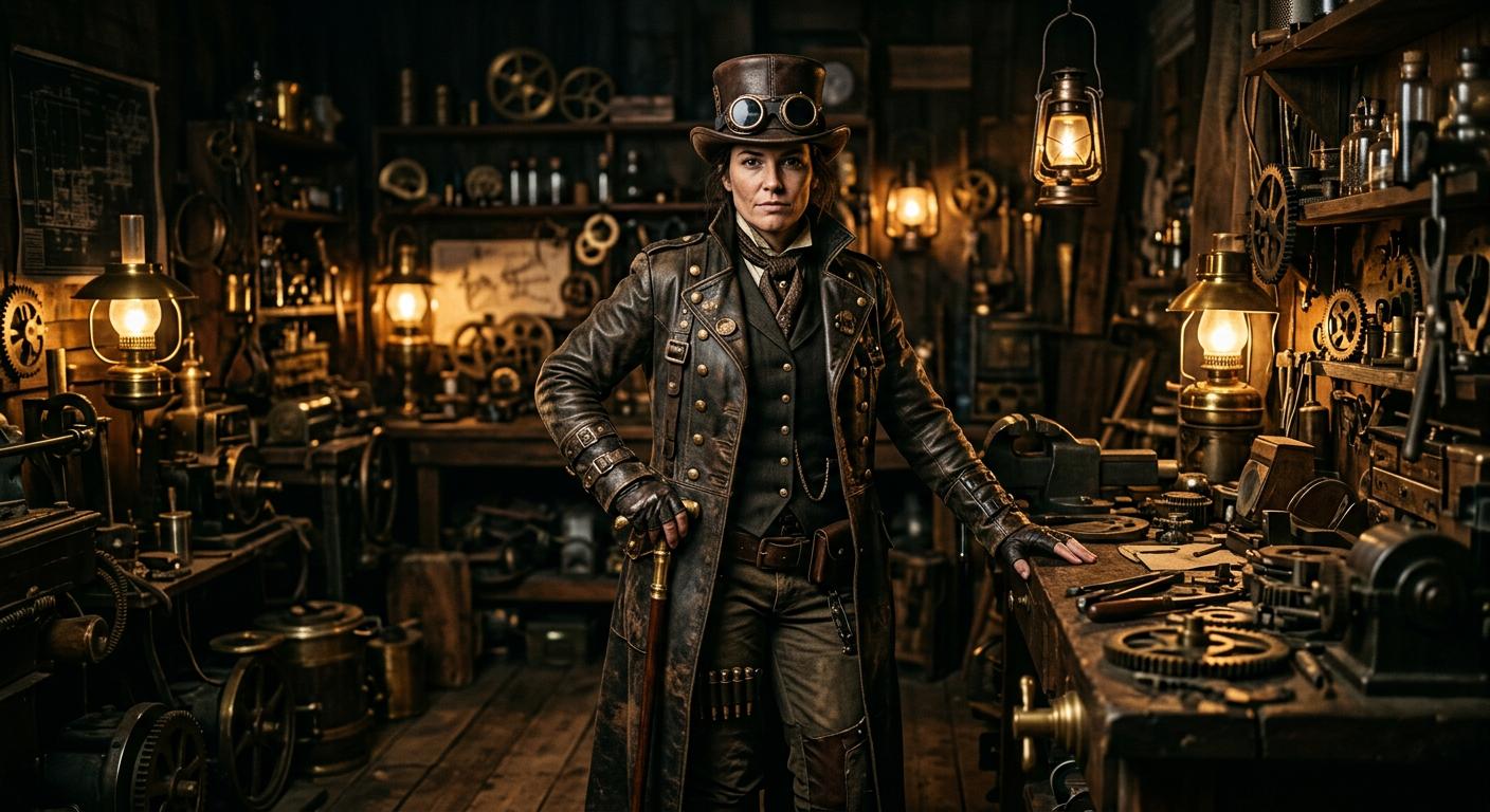 Airship captain steampunk outfit with long coat and goggles