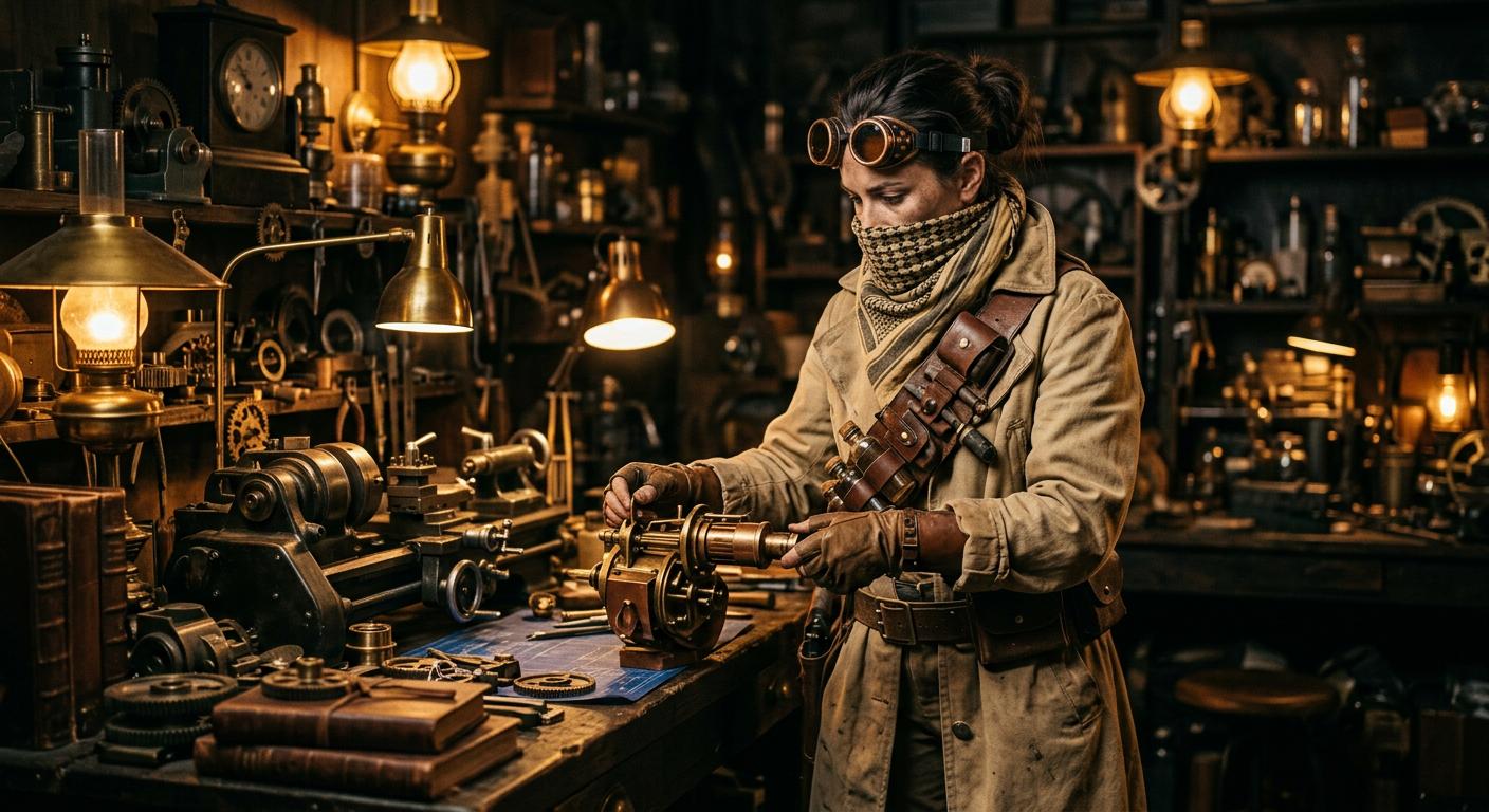 Steampunk desert explorer with scarf and amber goggles