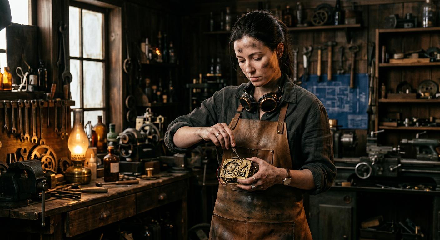 Victorian inventor in leather apron holding a clockwork device