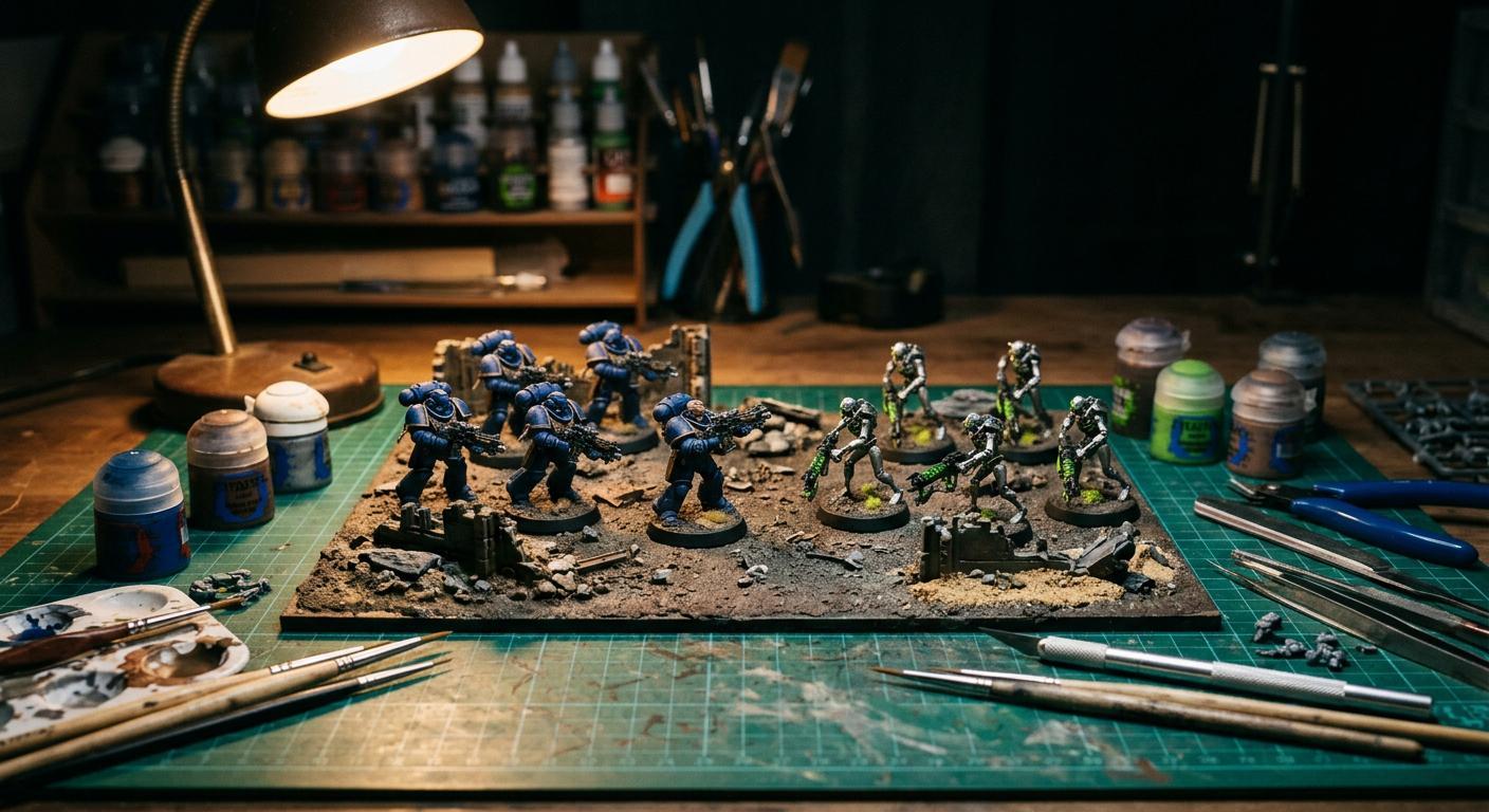 Beginner Warhammer 40K army guide — Space Marines and Necrons starter models on a hobby desk