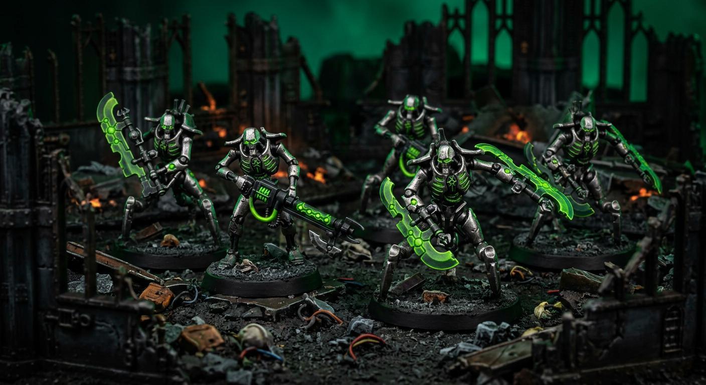Necrons beginner army — silver and glowing green paint scheme