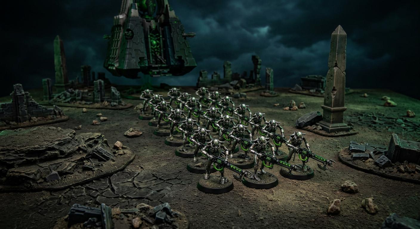 Necrons beginner army guide — silver legion with glowing green accents